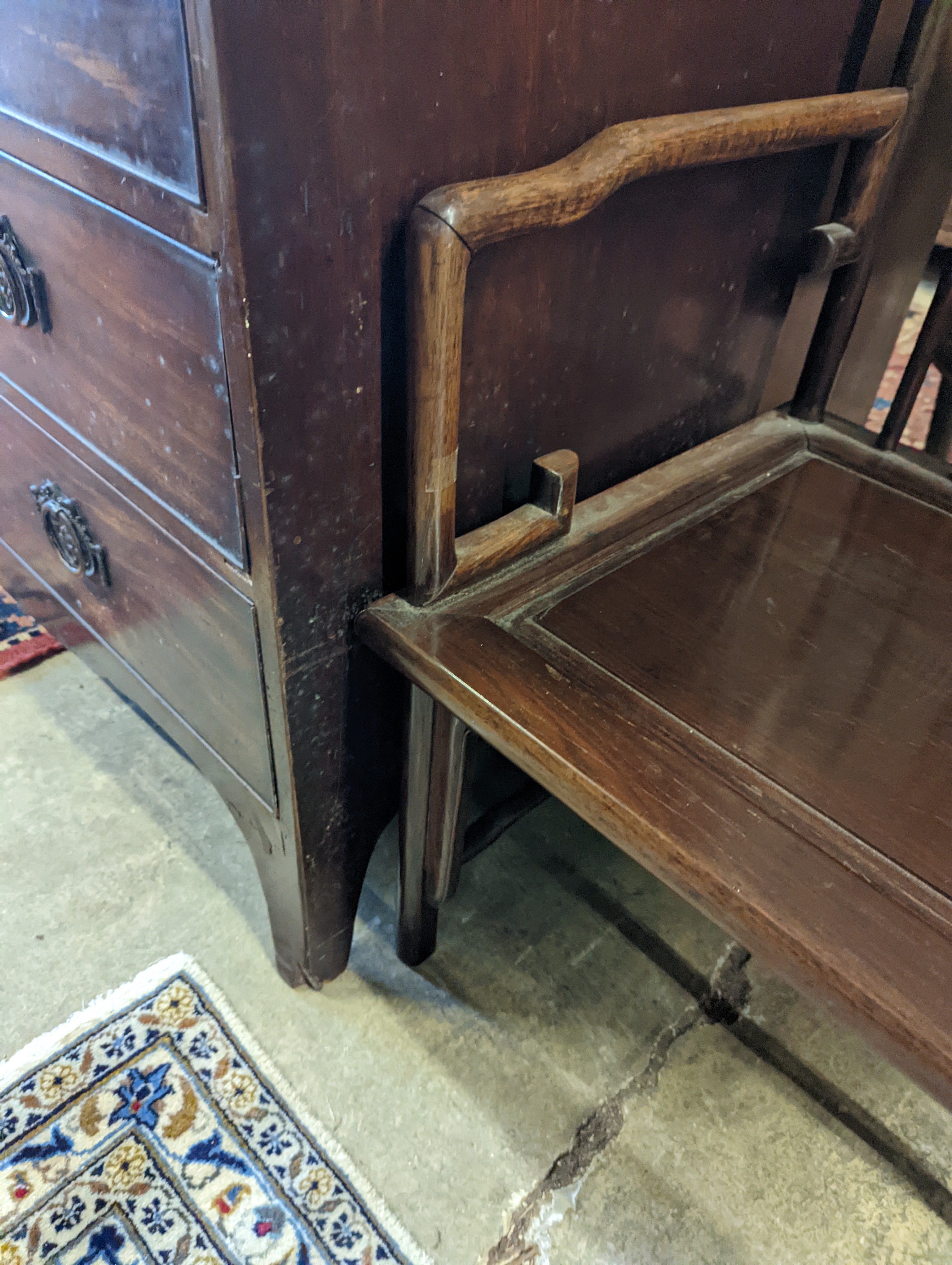A pair of mid 20th century Chinese Hongmu elbow chairs with cushion seats, width 58cm, depth 49cm, height 92cm